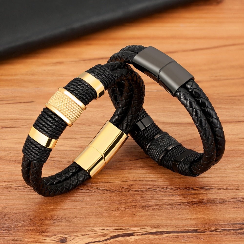 Geflochtenes Lederarmband für Herren mit Magnetverschluss aus 316L Edelstahl Doppellagig und Mit Metallperlen - Bolania