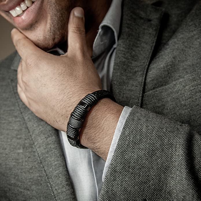 Geflochtenes Lederarmband für Herren mit Magnetverschluss aus 316L Edelstahl Doppellagig und Mit Metallperlen - Bolania