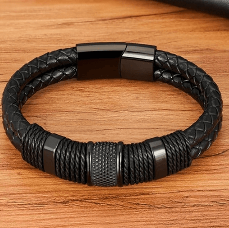 Geflochtenes Lederarmband für Herren mit Magnetverschluss aus 316L Edelstahl Doppellagig und Mit Metallperlen - Bolania