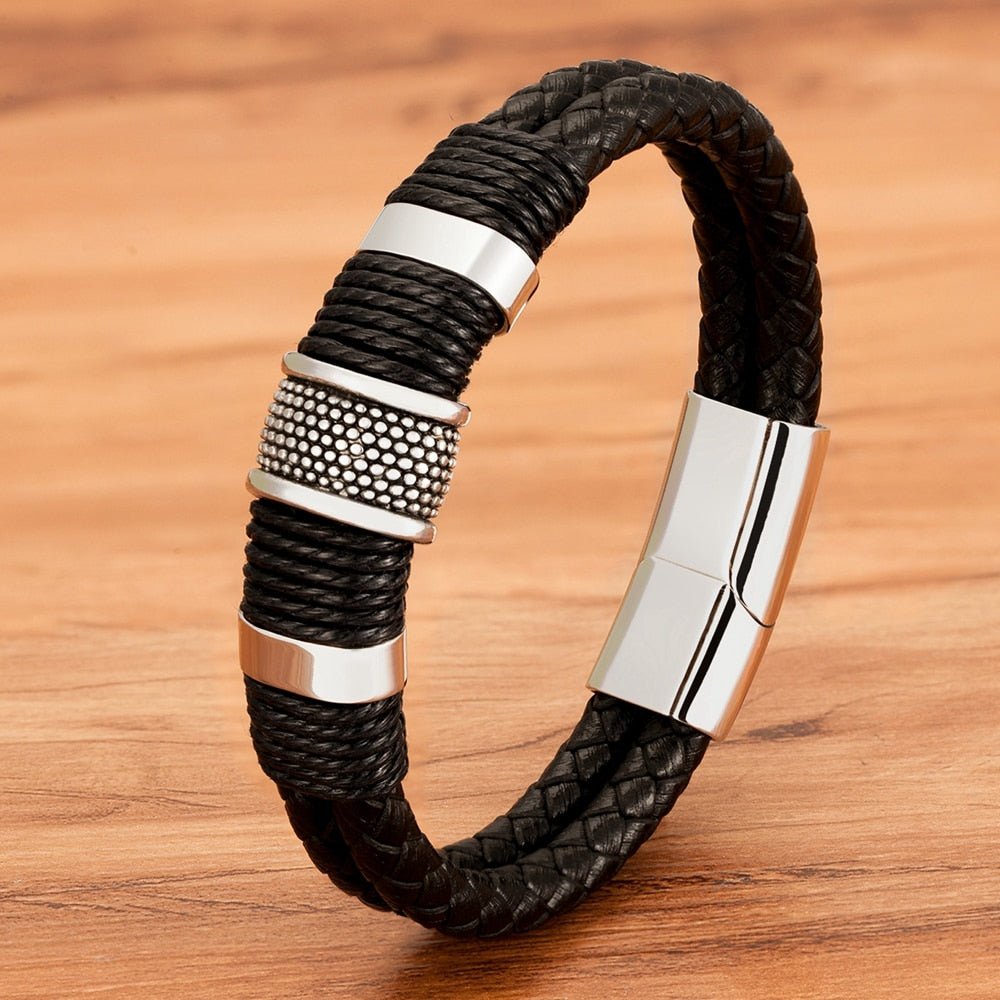 Geflochtenes Lederarmband für Herren mit Magnetverschluss aus 316L Edelstahl Doppellagig und Mit Metallperlen - Bolania