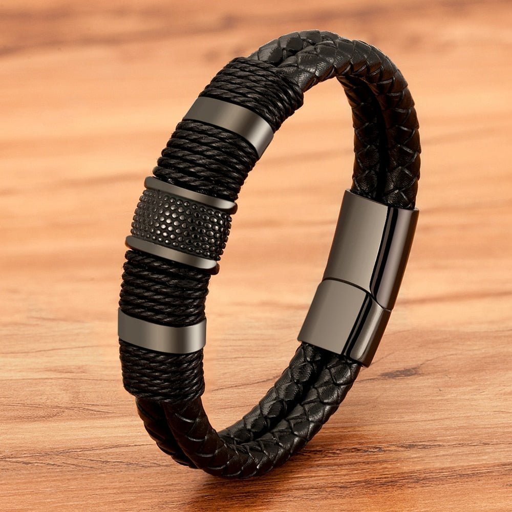 Geflochtenes Lederarmband für Herren mit Magnetverschluss aus 316L Edelstahl Doppellagig und Mit Metallperlen - Bolania