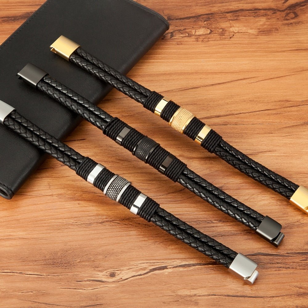 Geflochtenes Lederarmband für Herren mit Magnetverschluss aus 316L Edelstahl Doppellagig und Mit Metallperlen - Bolania
