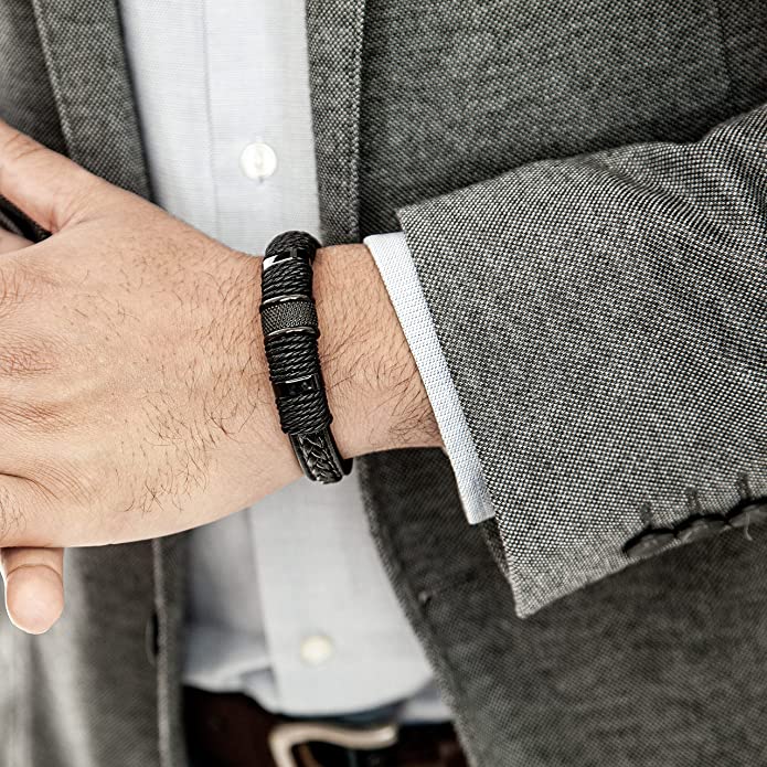 Geflochtenes Lederarmband für Herren mit Magnetverschluss aus 316L Edelstahl Doppellagig und Mit Metallperlen - Bolania