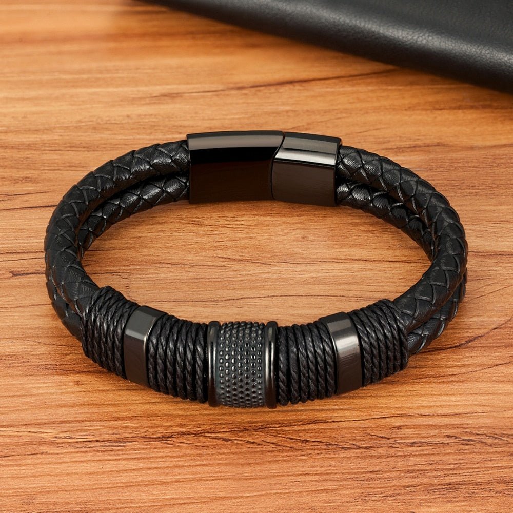 Geflochtenes Lederarmband für Herren mit Magnetverschluss aus 316L Edelstahl Doppellagig und Mit Metallperlen - Bolania