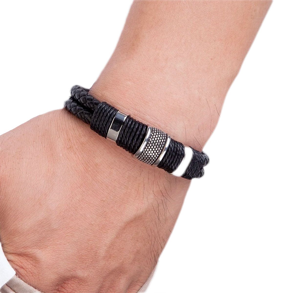 Geflochtenes Lederarmband für Herren mit Magnetverschluss aus 316L Edelstahl Doppellagig und Mit Metallperlen - Bolania