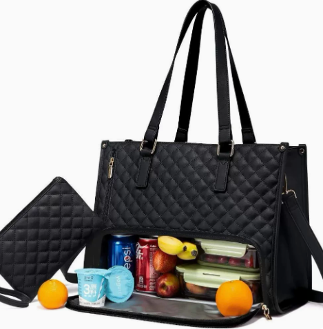 Women's 2-in-1 Quilted Top-Handle Bag with Integrated Cooler Compartment, Shoulder Strap, and Pouch - Water-Repellent for Office and Everyday Use