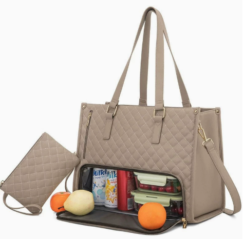 Women's 2-in-1 Quilted Top-Handle Bag with Integrated Cooler Compartment, Shoulder Strap, and Pouch - Water-Repellent for Office and Everyday Use