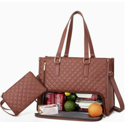 Women's 2-in-1 Quilted Top-Handle Bag with Integrated Cooler Compartment, Shoulder Strap, and Pouch - Water-Repellent for Office and Everyday Use