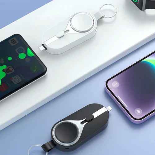 Mini Power Bank 2000mAh with USB-C Direct Plug, Keychain Format and Water-Resistant Casing for Smartphone