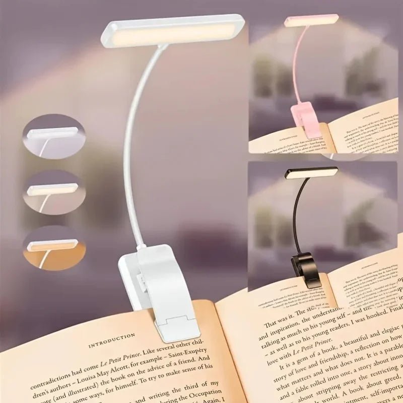 Klemm - Leselampe mit Flexiblem Schwanenhals und Clip USB - Aufladbar 3 Lichtfarben Stufenlos Dimmbar bis zu 80 Stunden Laufzeit - Bolania