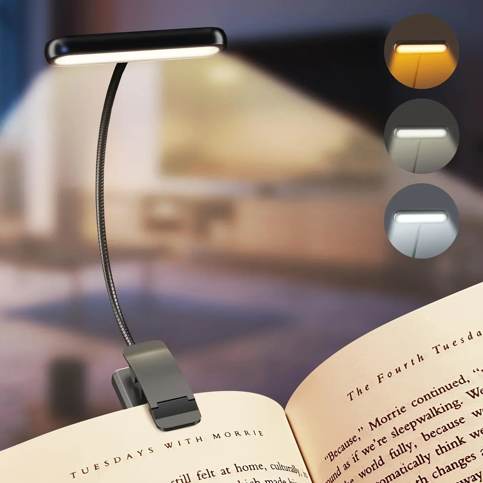 Klemm - Leselampe mit Flexiblem Schwanenhals und Clip USB - Aufladbar 3 Lichtfarben Stufenlos Dimmbar bis zu 80 Stunden Laufzeit - Bolania
