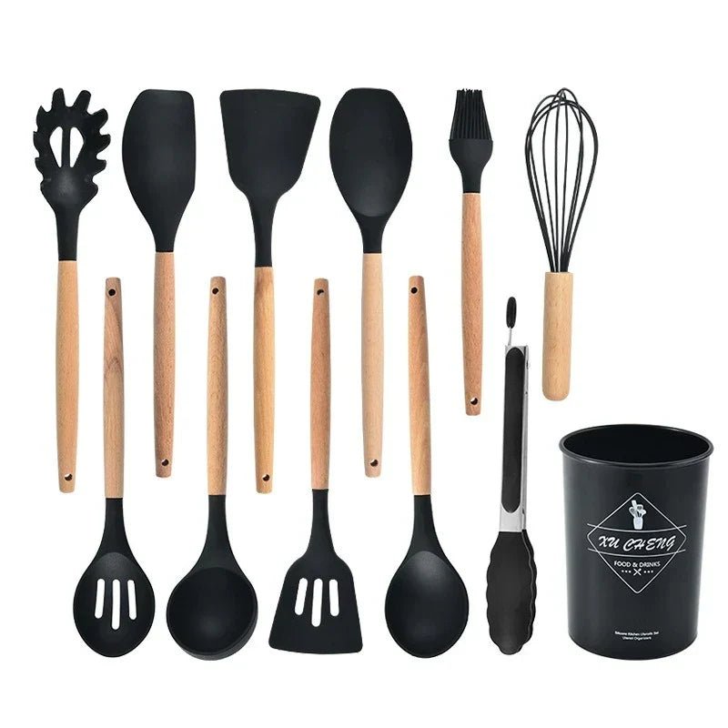 Küchen-Utensilien-Set aus Silikon mit Holz-Griffen Hitzebeständig bis 230 Grad BPA-Frei Spülmaschinenfest für Beschichtete Pfannen - Bolania