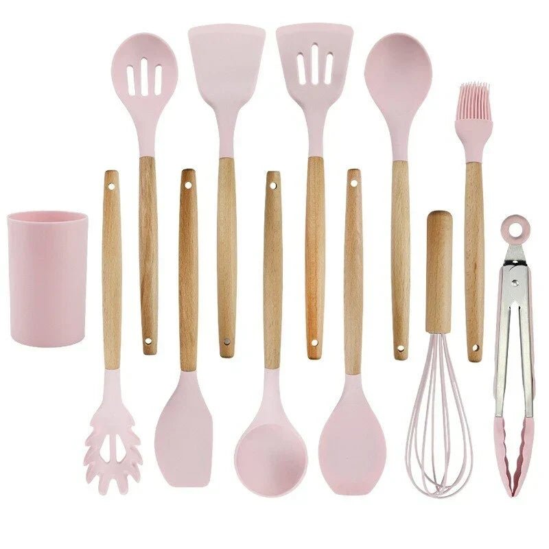 Küchen-Utensilien-Set aus Silikon mit Holz-Griffen Hitzebeständig bis 230 Grad BPA-Frei Spülmaschinenfest für Beschichtete Pfannen - Bolania