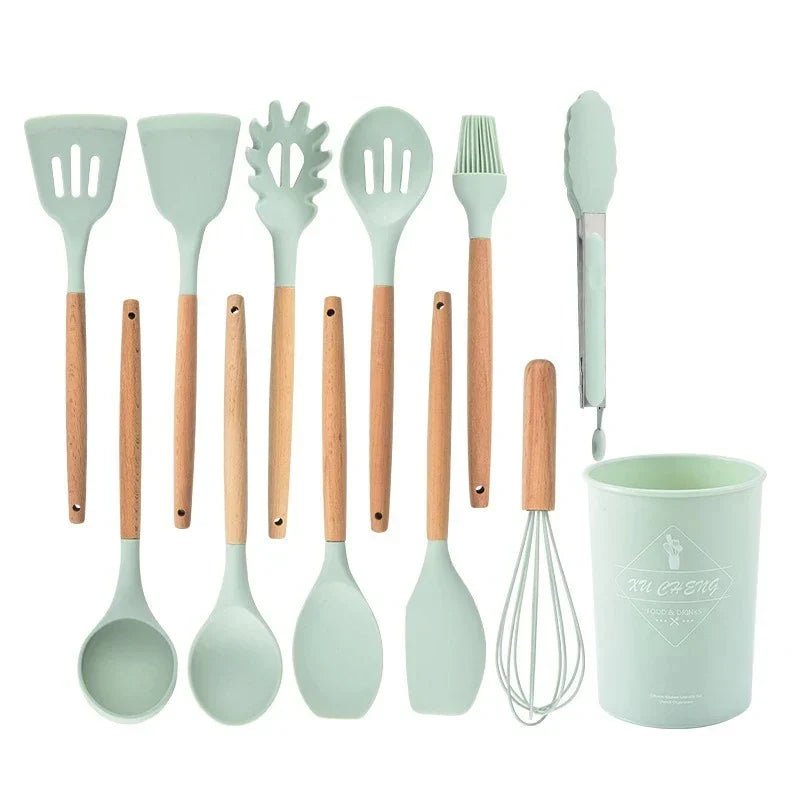 Küchen-Utensilien-Set aus Silikon mit Holz-Griffen Hitzebeständig bis 230 Grad BPA-Frei Spülmaschinenfest für Beschichtete Pfannen - Bolania