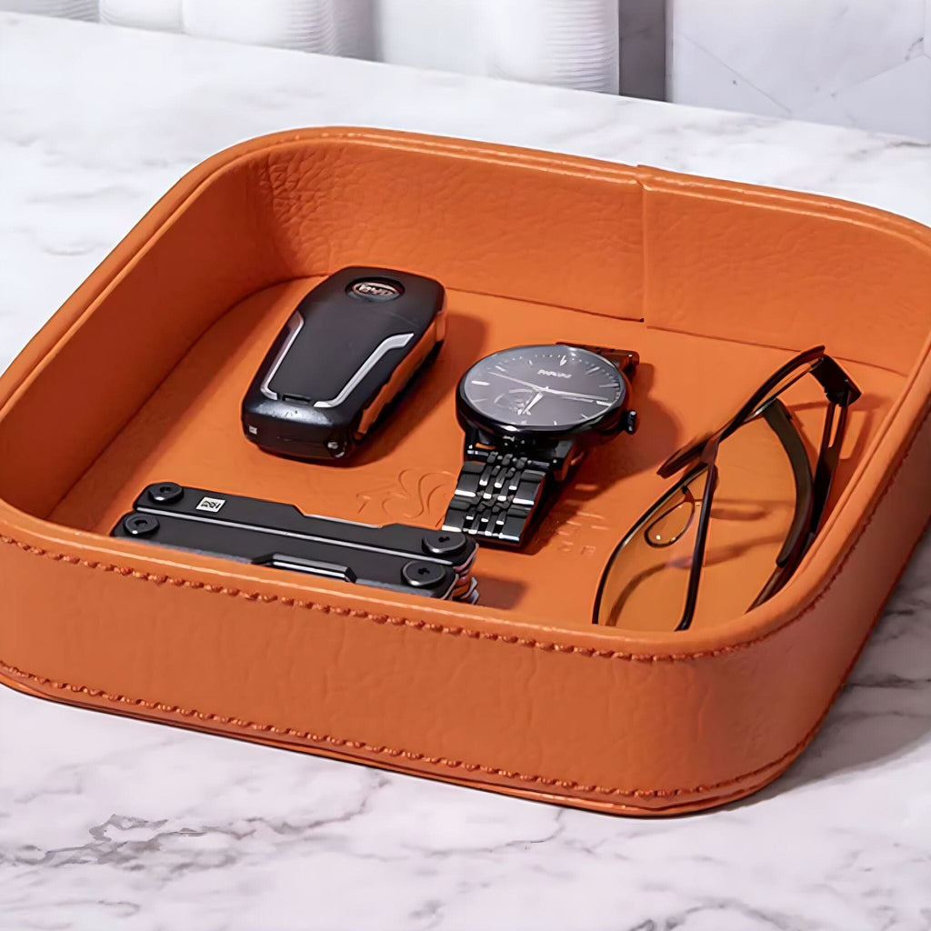PU Leather Jewelry Tray, Foldable with Raised Edge, for Rings, Keys, Watches
