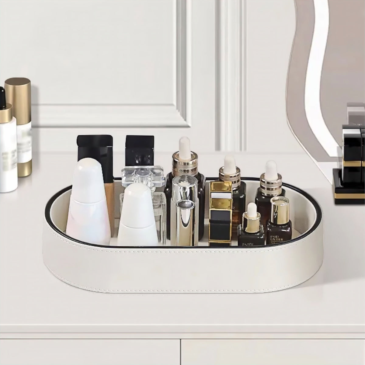 Faux Leather Storage Tray with Decorative Stitching, Oval with Surrounding Wall, for Jewelry and Cosmetics