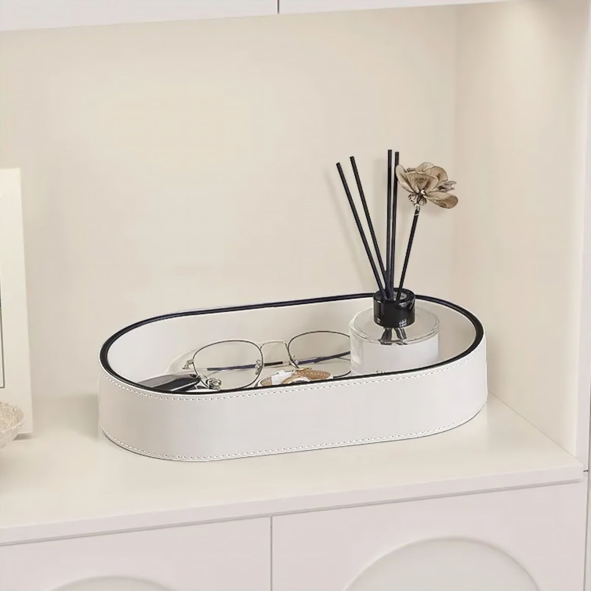 Faux Leather Storage Tray with Decorative Stitching, Oval with Surrounding Wall, for Jewelry and Cosmetics