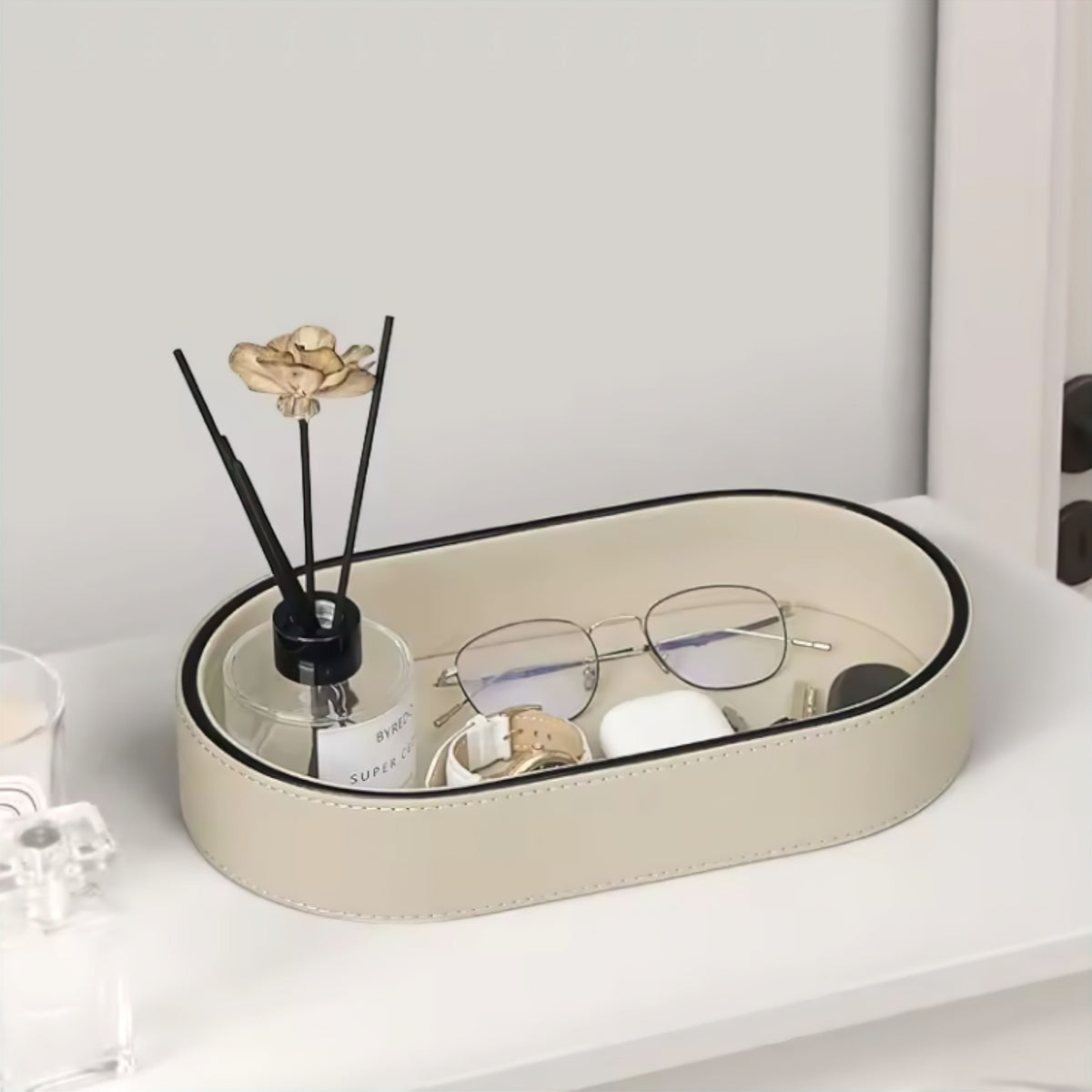Faux Leather Storage Tray with Decorative Stitching, Oval with Surrounding Wall, for Jewelry and Cosmetics