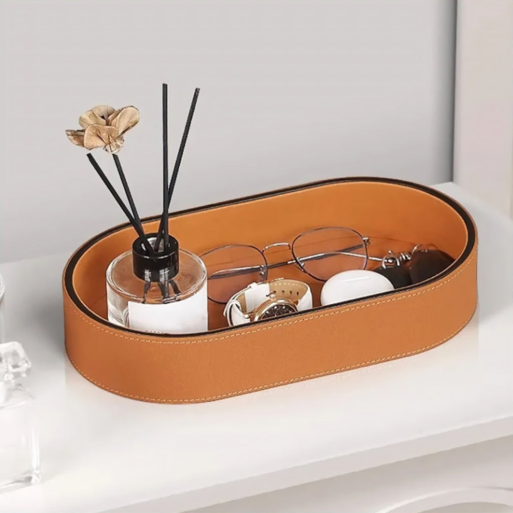 Faux Leather Storage Tray with Decorative Stitching, Oval with Surrounding Wall, for Jewelry and Cosmetics