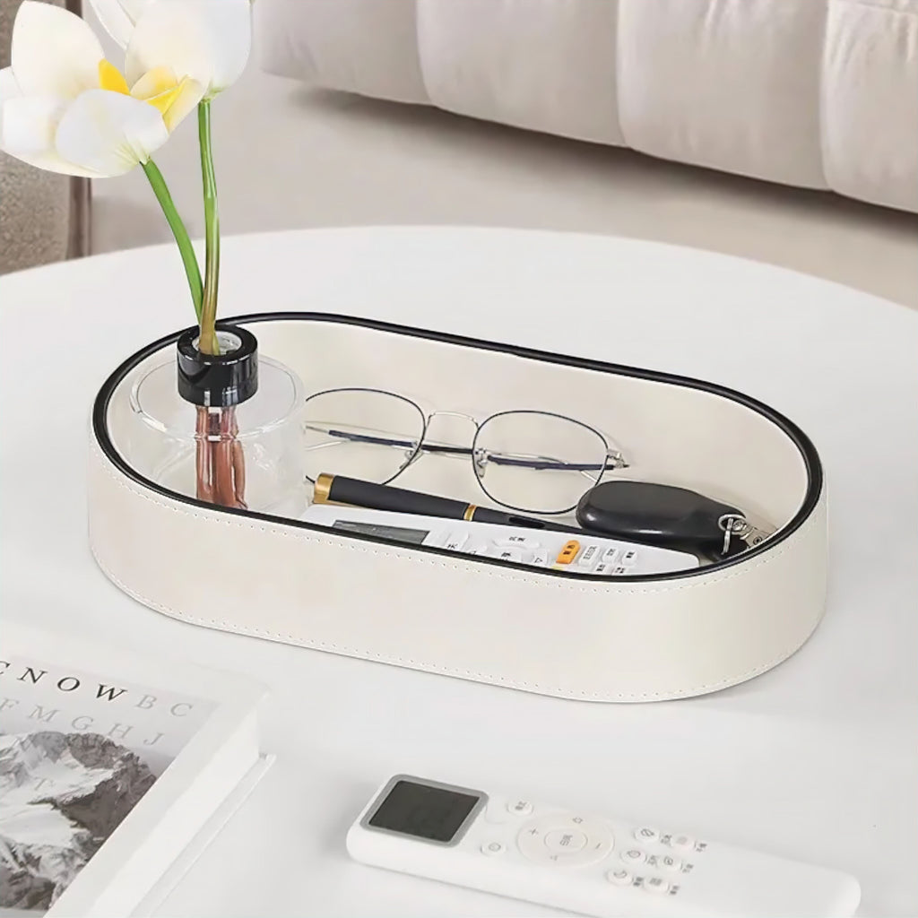 Faux Leather Storage Tray with Decorative Stitching, Oval with Surrounding Wall, for Jewelry and Cosmetics