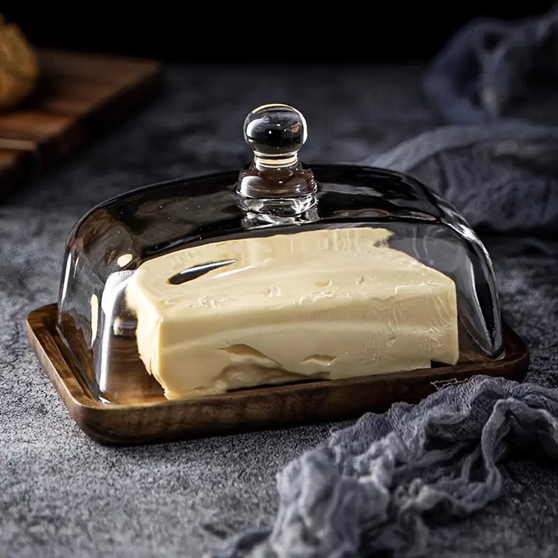 Liora Butter Dish – Elegance in wood and glass for table; - acacia