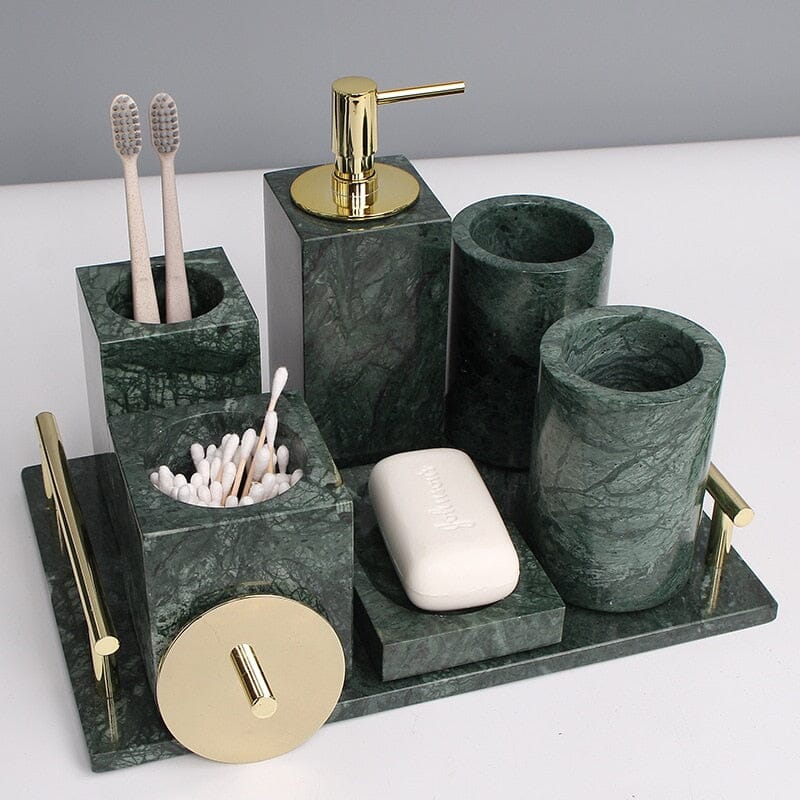 Bathroom Set in Green Marble Look with Gold, Soap Dispenser, Toothbrush Holder, Tray