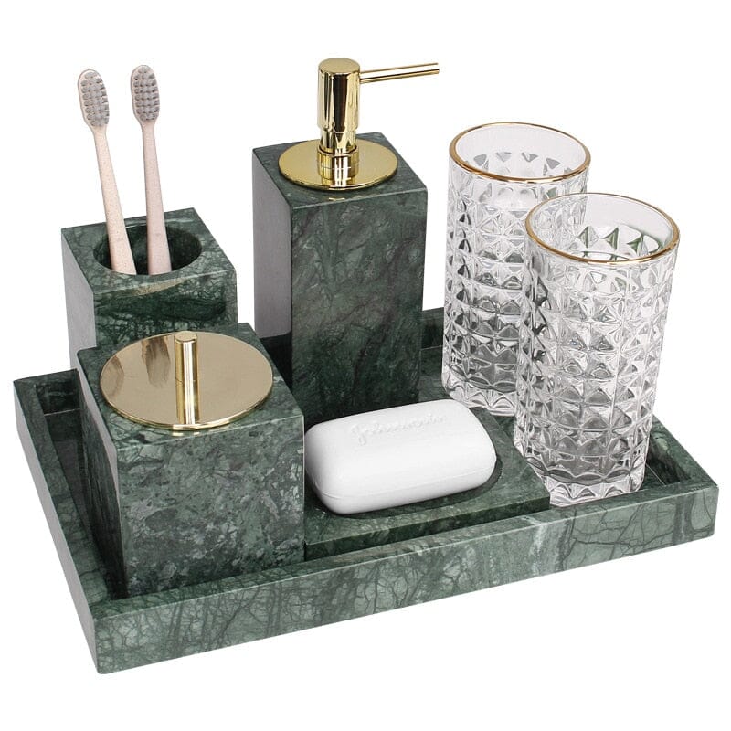 Bathroom Set in Green Marble Look with Gold, Soap Dispenser, Toothbrush Holder, Tray