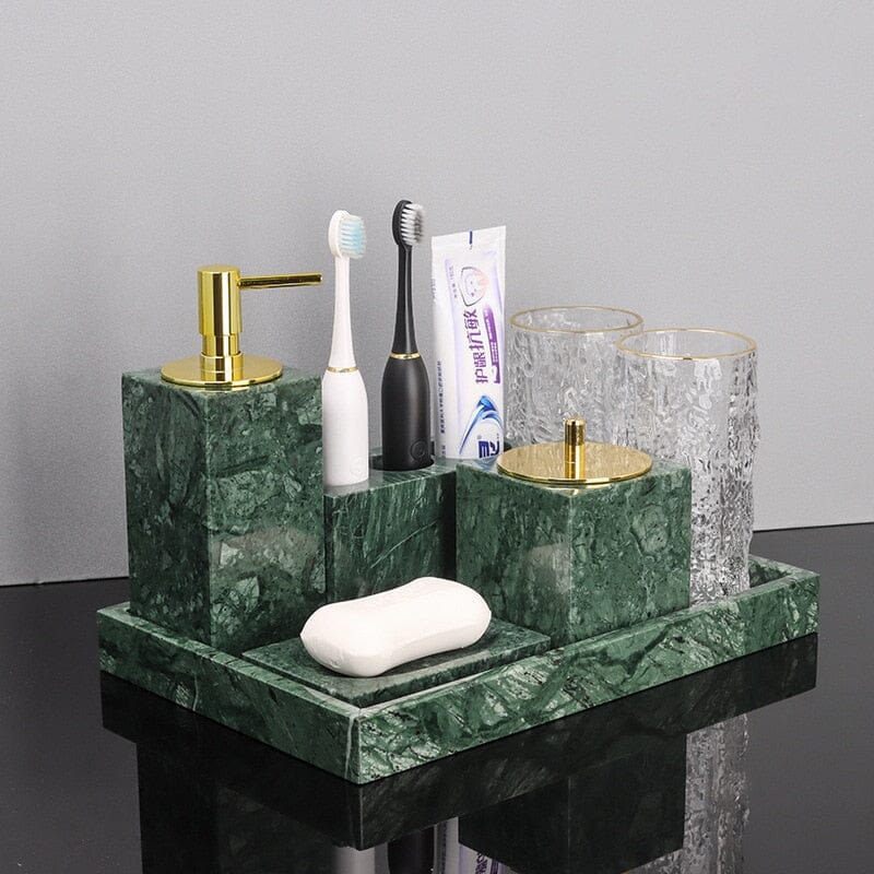 Bathroom Set in Green Marble Look with Gold, Soap Dispenser, Toothbrush Holder, Tray
