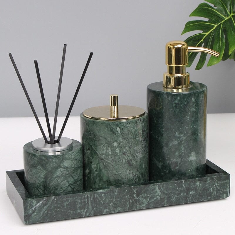 Bathroom Set in Green Marble Look with Gold, Soap Dispenser, Toothbrush Holder, Tray