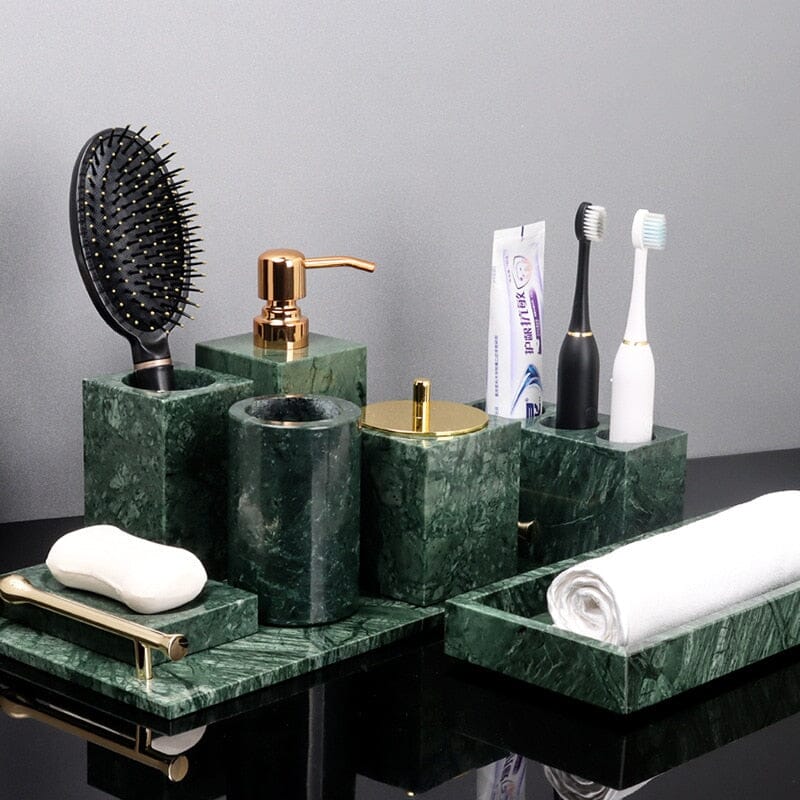 Bathroom Set in Green Marble Look with Gold, Soap Dispenser, Toothbrush Holder, Tray