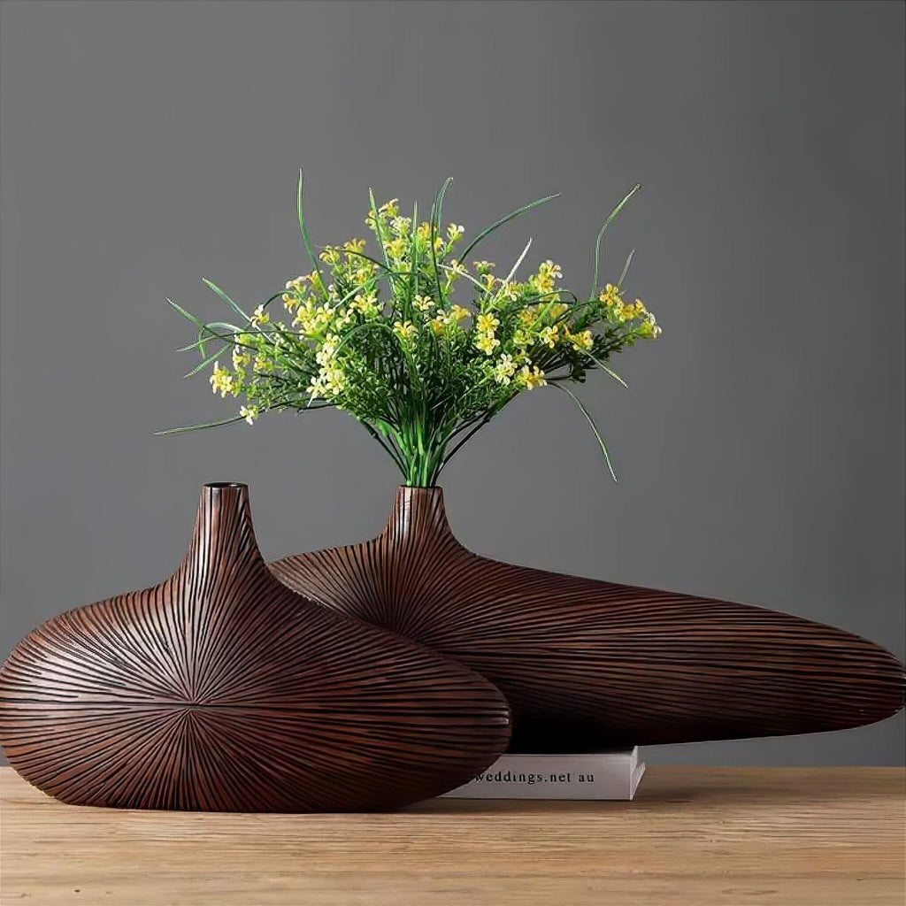 Resin Vase with Wood Grain Finish and Grooved Ray Structure, Oval and Flat, Narrow Opening