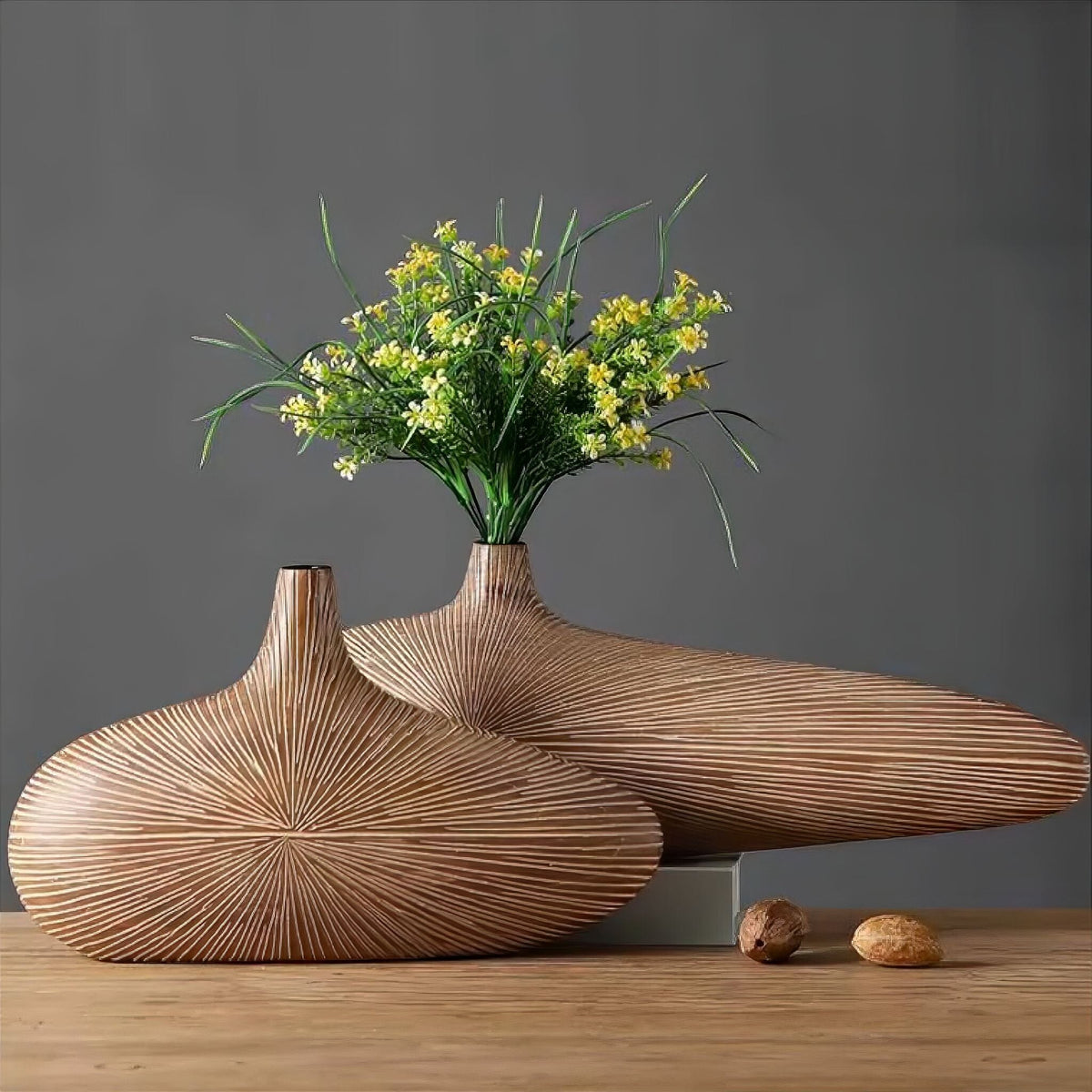 Resin Vase with Wood Grain Finish and Grooved Ray Structure, Oval and Flat, Narrow Opening