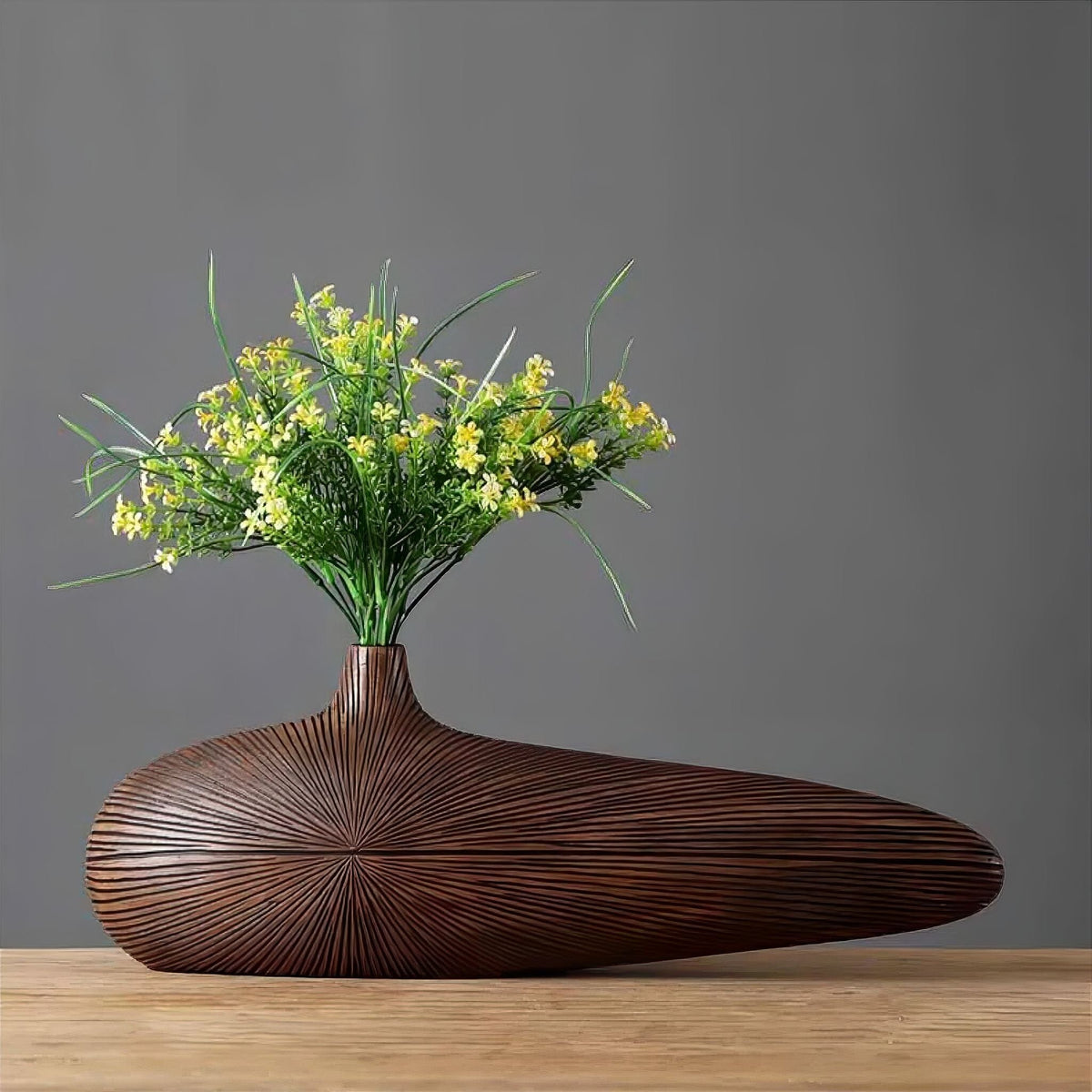 Resin Vase with Wood Grain Finish and Grooved Ray Structure, Oval and Flat, Narrow Opening