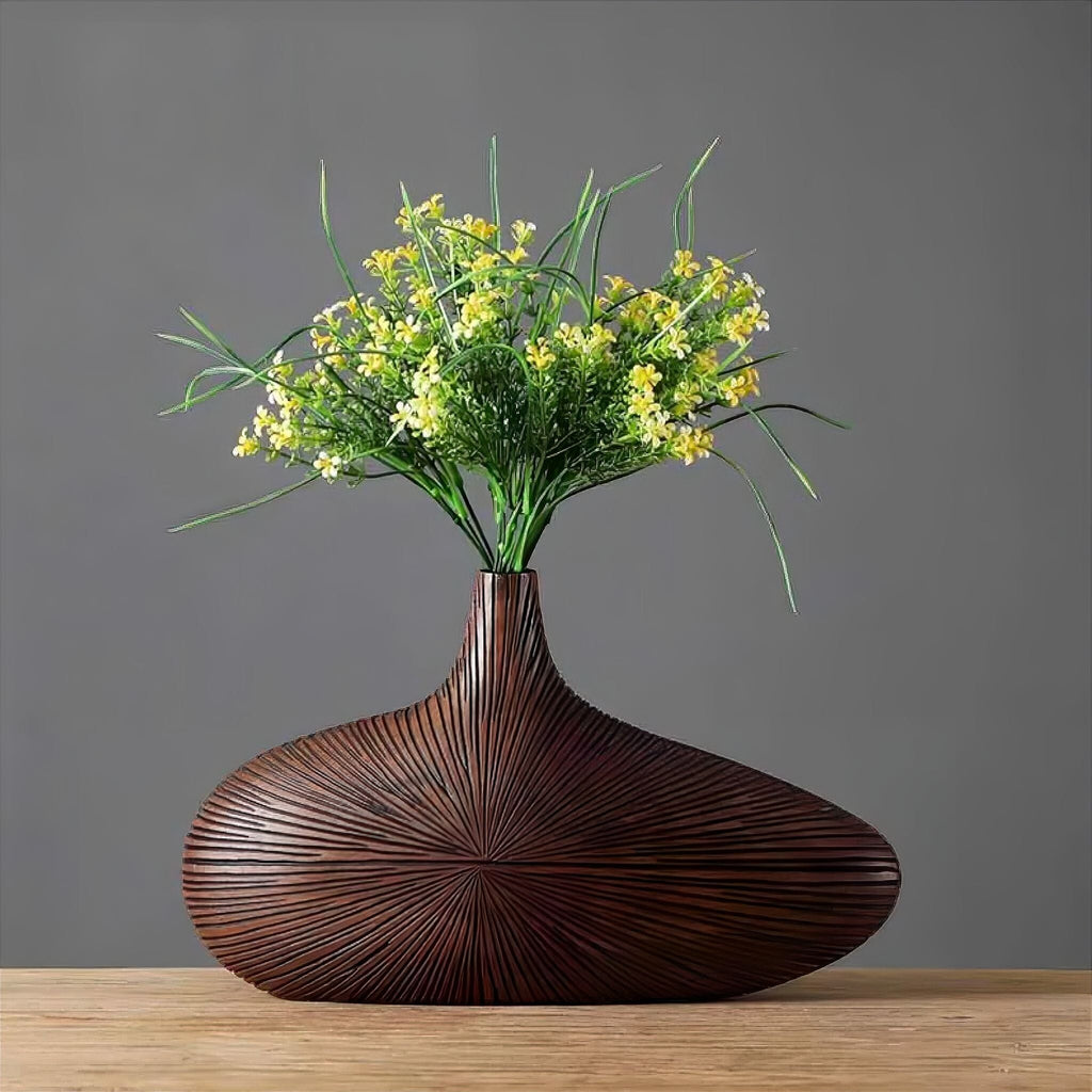 Resin Vase with Wood Grain Finish and Grooved Ray Structure, Oval and Flat, Narrow Opening