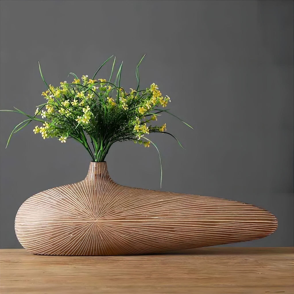 Resin Vase with Wood Grain Finish and Grooved Ray Structure, Oval and Flat, Narrow Opening