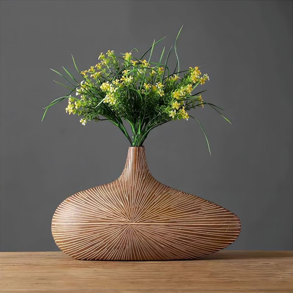 Resin Vase with Wood Grain Finish and Grooved Ray Structure, Oval and Flat, Narrow Opening