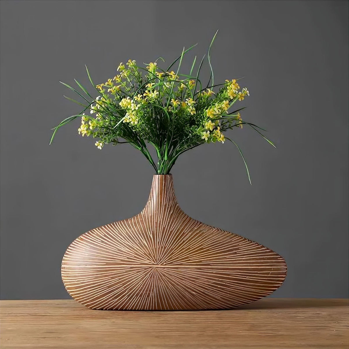Resin Vase with Wood Grain Finish and Grooved Ray Structure, Oval and Flat, Narrow Opening