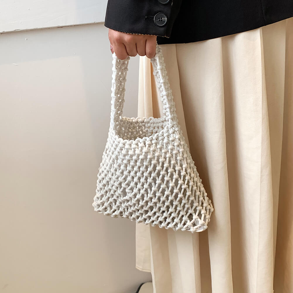 Women's Handbag Hand-Crocheted Cotton Net Pattern for Summer Beach and Everyday Use Vegan
