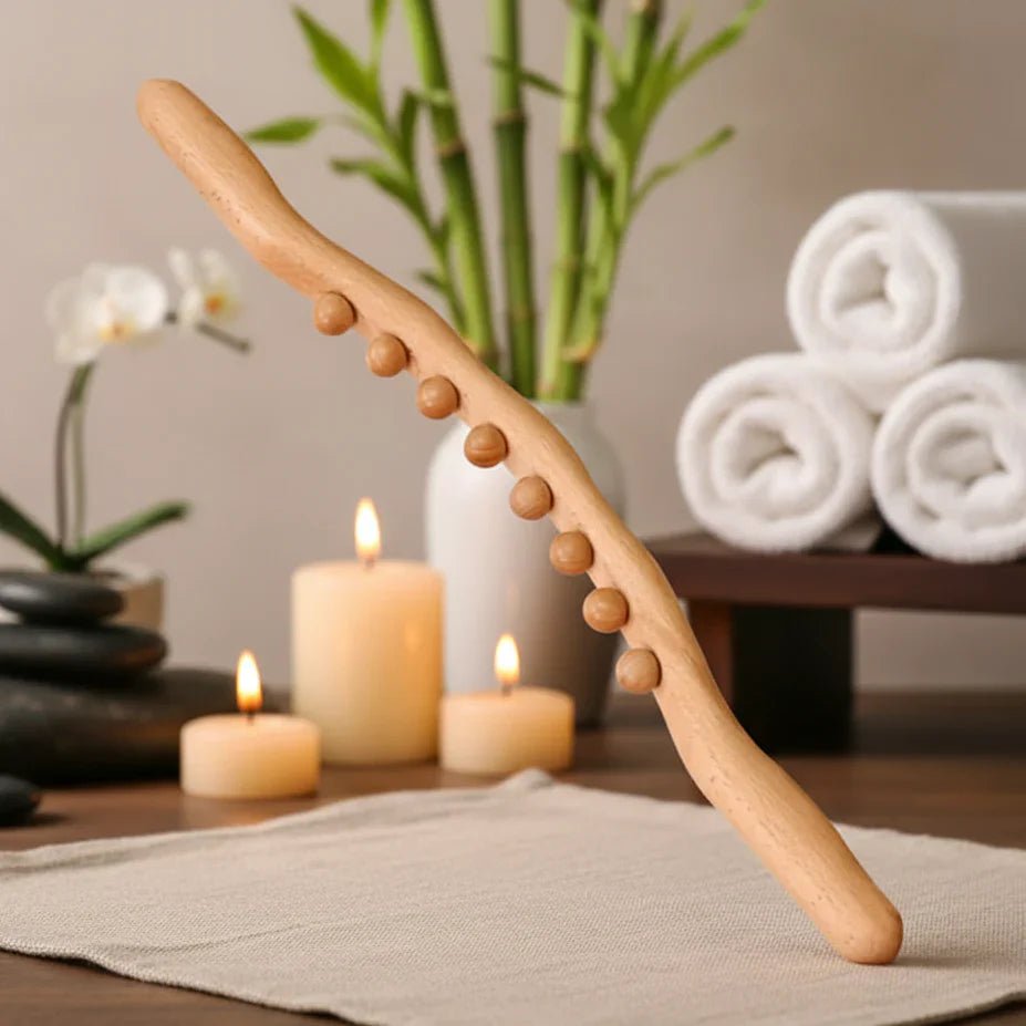 Massagestab aus Naturholz für Gua Sha 60 cm mit Acht Massagekugeln Ergonomisch für Rücken Nacken und Beine - Bolania