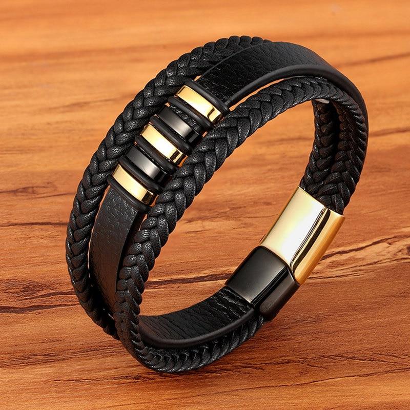 Mehrlagiges Lederarmband für Herren mit Magnetverschluss aus Edelstahl Kombination aus Geflochtenem und Glattem Echtleder - Bolania