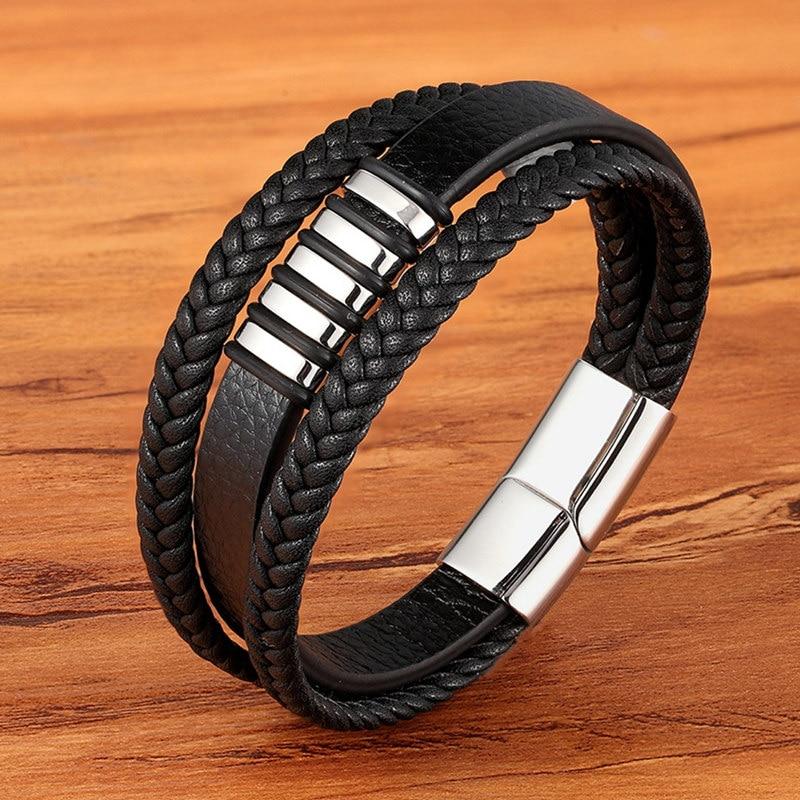 Mehrlagiges Lederarmband für Herren mit Magnetverschluss aus Edelstahl Kombination aus Geflochtenem und Glattem Echtleder - Bolania