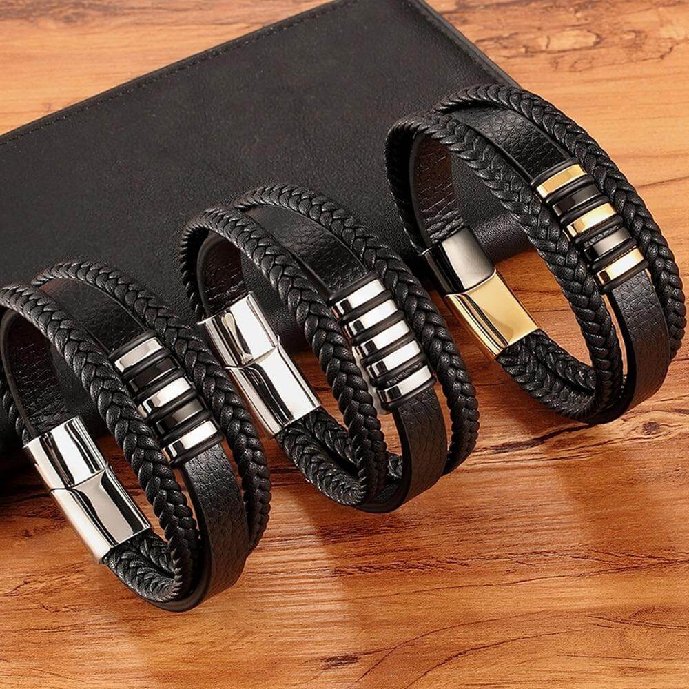 Mehrlagiges Lederarmband für Herren mit Magnetverschluss aus Edelstahl Kombination aus Geflochtenem und Glattem Echtleder - Bolania