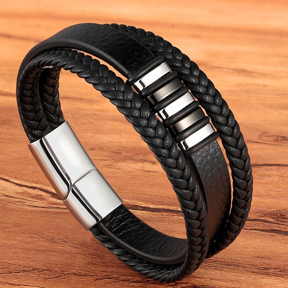 Mehrlagiges Lederarmband für Herren mit Magnetverschluss aus Edelstahl Kombination aus Geflochtenem und Glattem Echtleder - Bolania