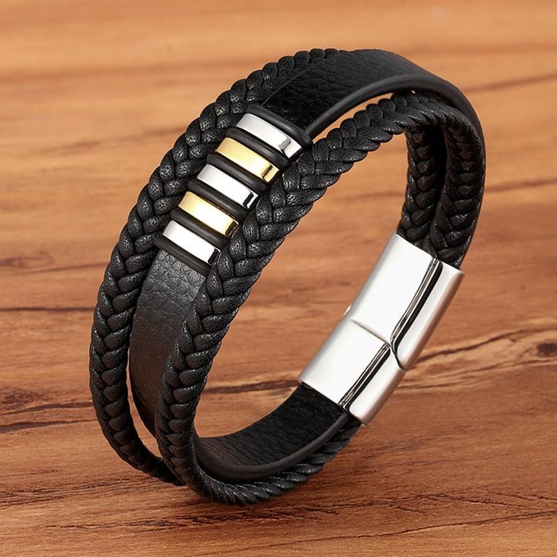 Mehrlagiges Lederarmband für Herren mit Magnetverschluss aus Edelstahl Kombination aus Geflochtenem und Glattem Echtleder - Bolania