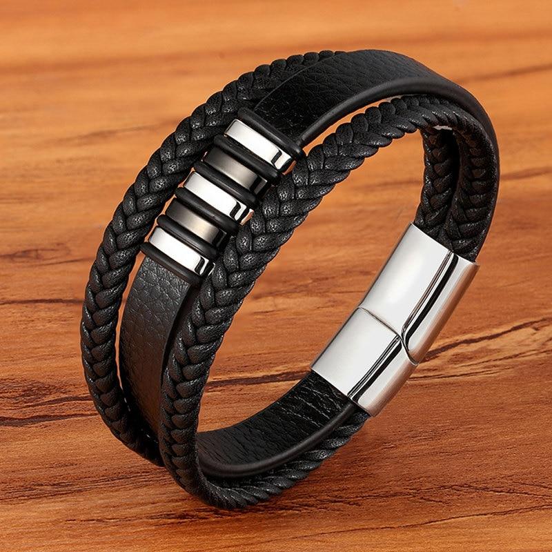 Mehrlagiges Lederarmband für Herren mit Magnetverschluss aus Edelstahl Kombination aus Geflochtenem und Glattem Echtleder - Bolania