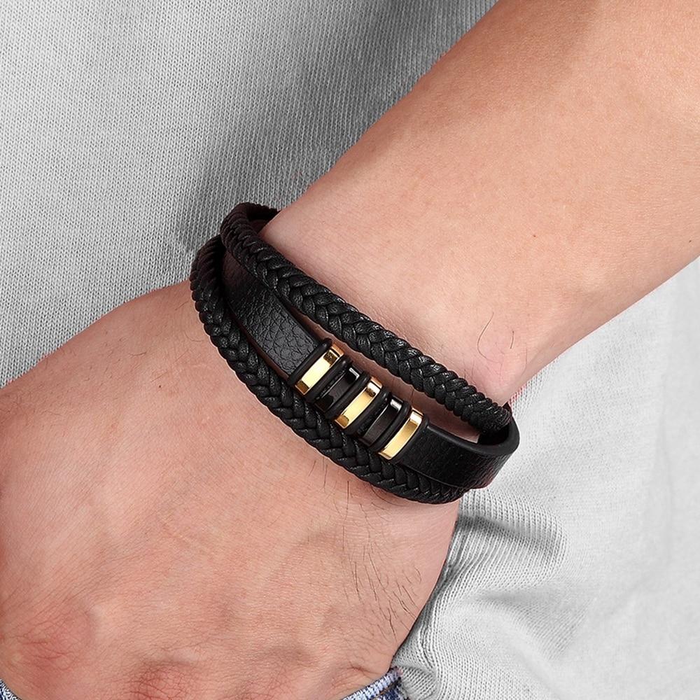 Mehrlagiges Lederarmband für Herren mit Magnetverschluss aus Edelstahl Kombination aus Geflochtenem und Glattem Echtleder - Bolania