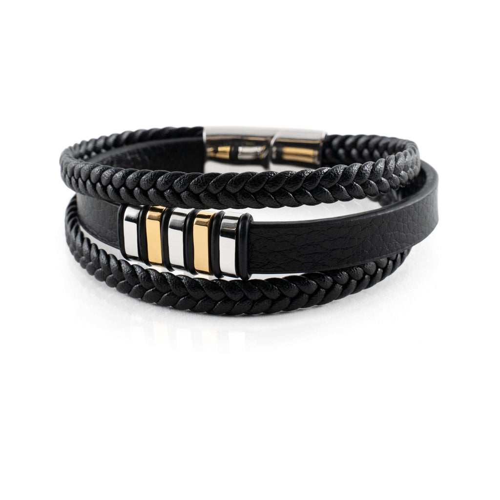 Mehrlagiges Lederarmband für Herren mit Magnetverschluss aus Edelstahl Kombination aus Geflochtenem und Glattem Echtleder - Bolania