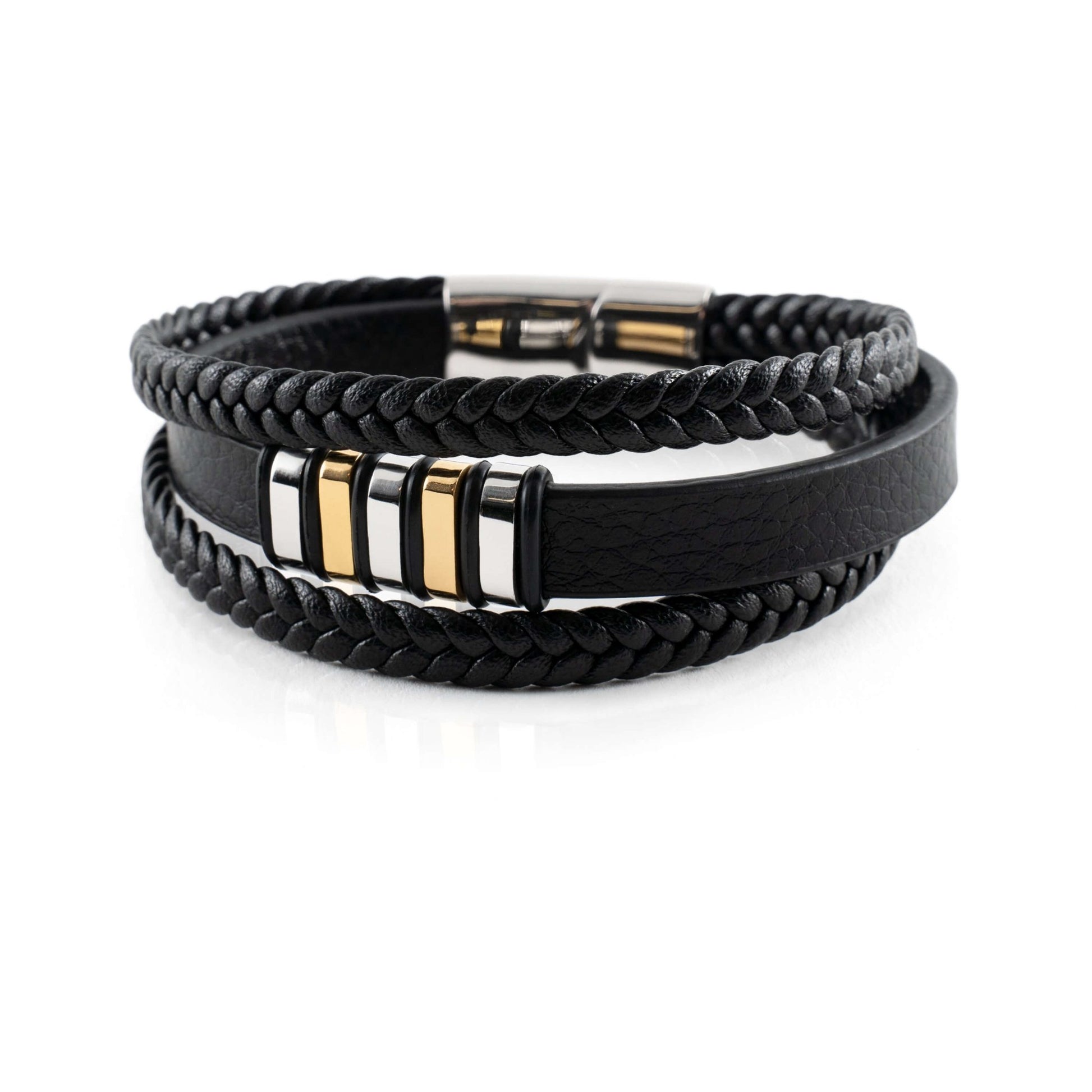 Mehrlagiges Lederarmband für Herren mit Magnetverschluss aus Edelstahl Kombination aus Geflochtenem und Glattem Echtleder - Bolania