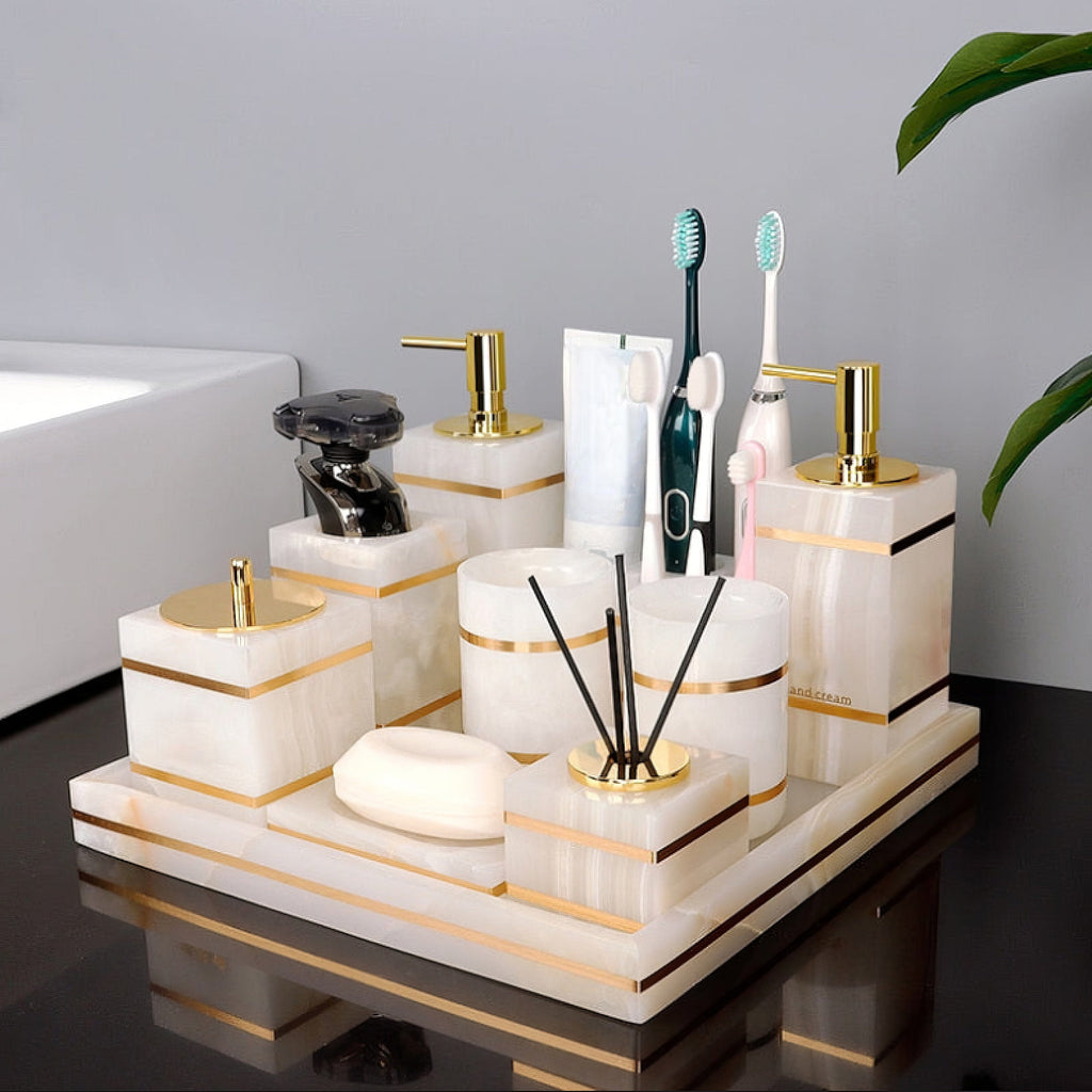 Bathroom Set in Marble Look with Gold Rim, Soap Dispenser, Toothbrush Holder, Tray