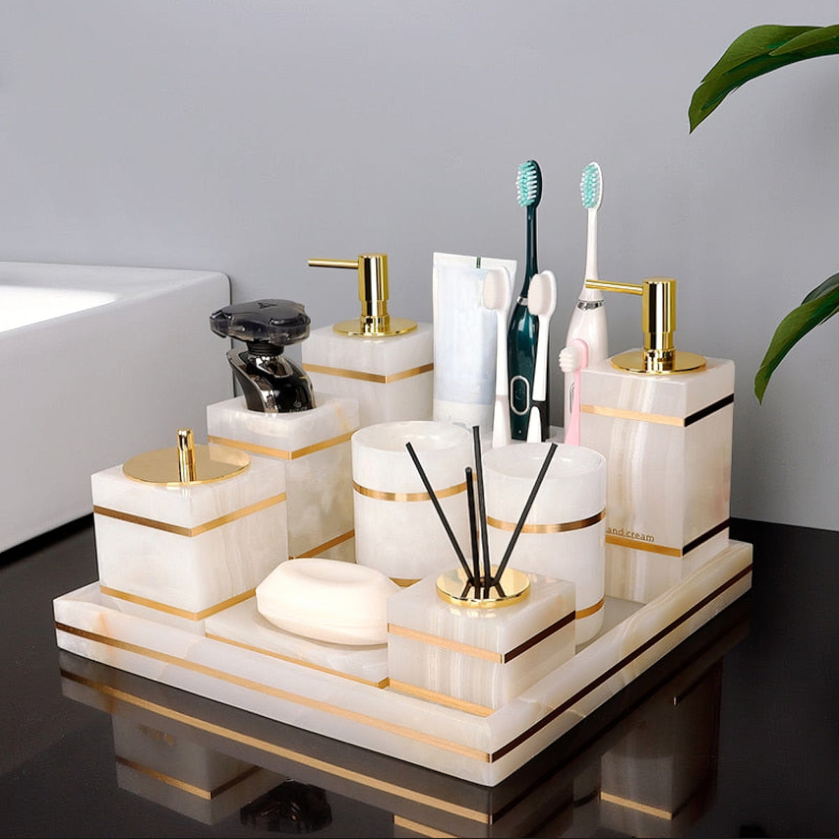 Bathroom Set in Marble Look with Gold Rim, Soap Dispenser, Toothbrush Holder, Tray